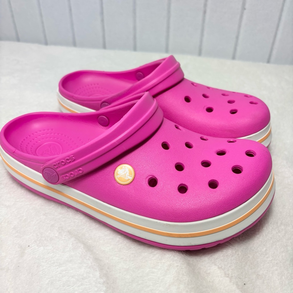 Crocs Crocband Girl's‎ Clogs Bubble Gum Pink With Yellow Stripe Band Size J 6
